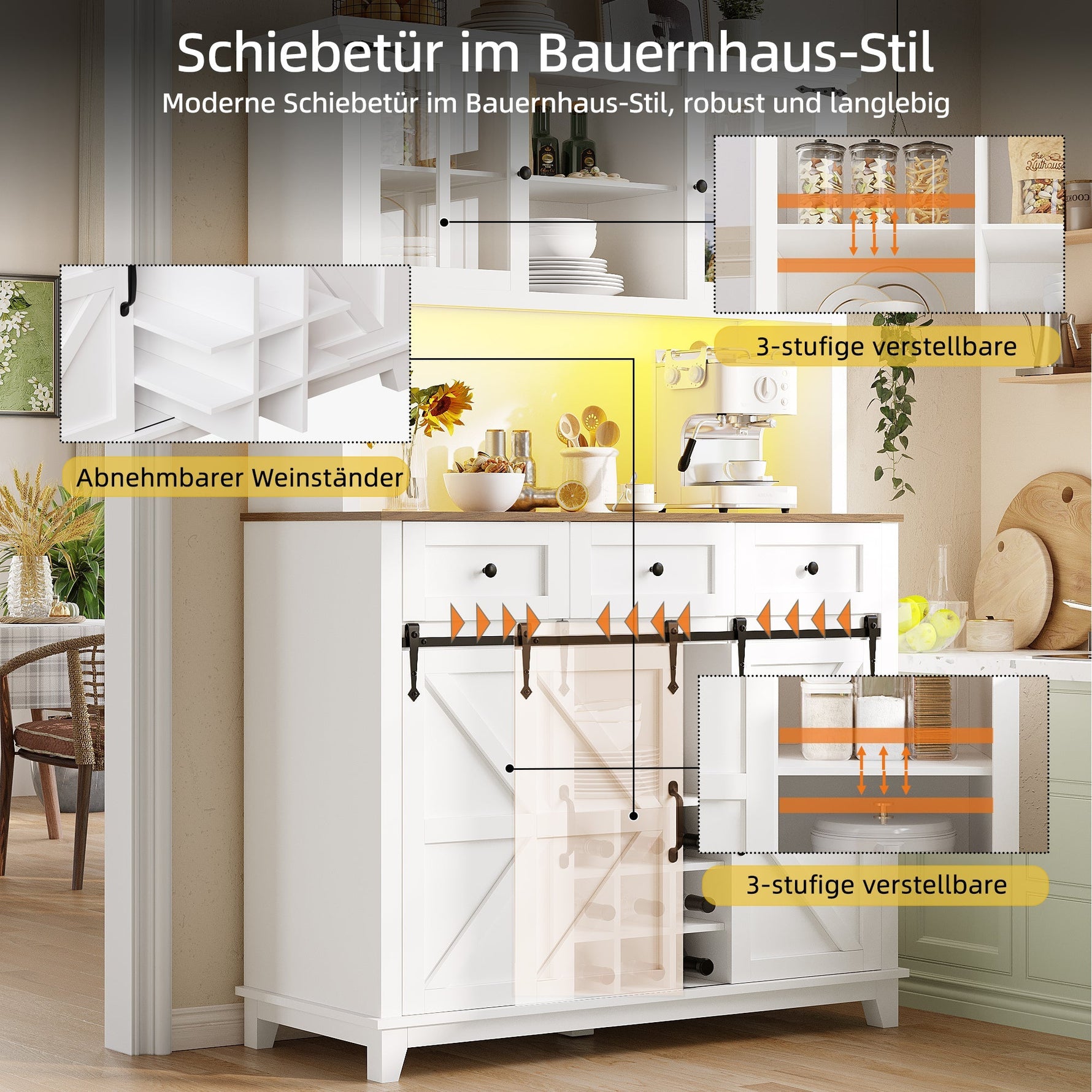 Tall Kitchen Cabinet with LED Lighting and Adjustable Shelves, White