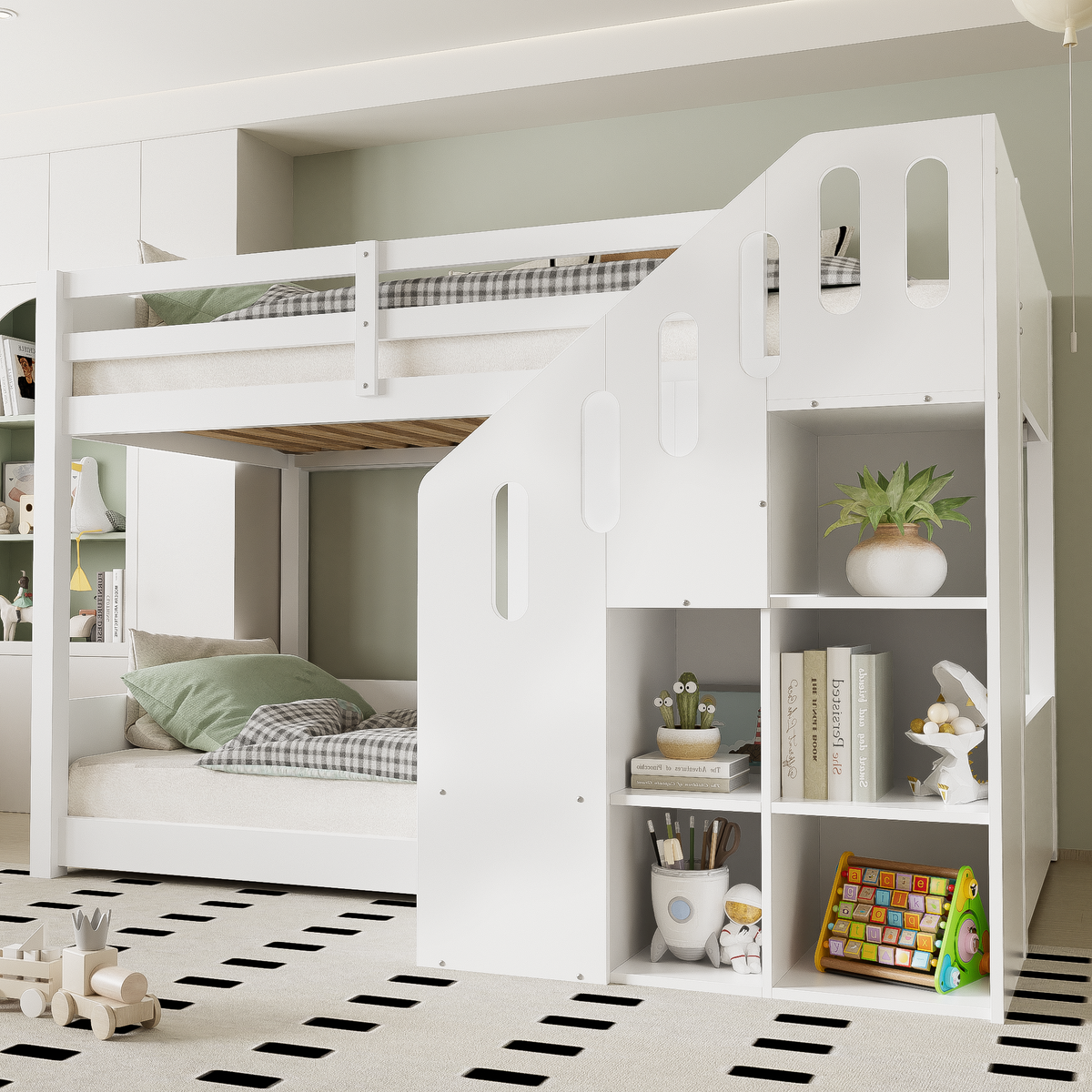 Bunk Bed 90x200cm with Stairs Lockers & Railing - White