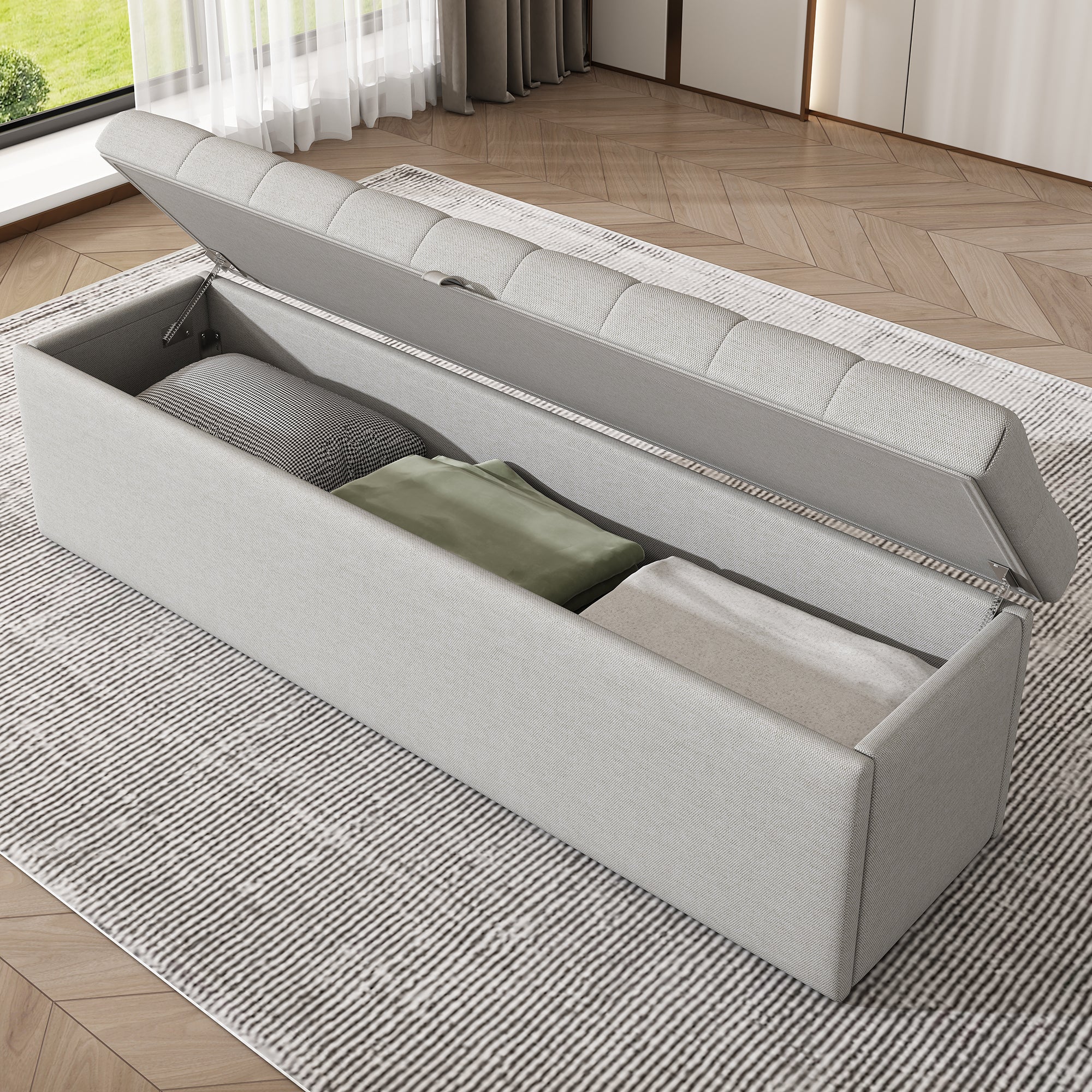Upholstered Bench with Storage Space and Bed Stool, Light Grey Linen