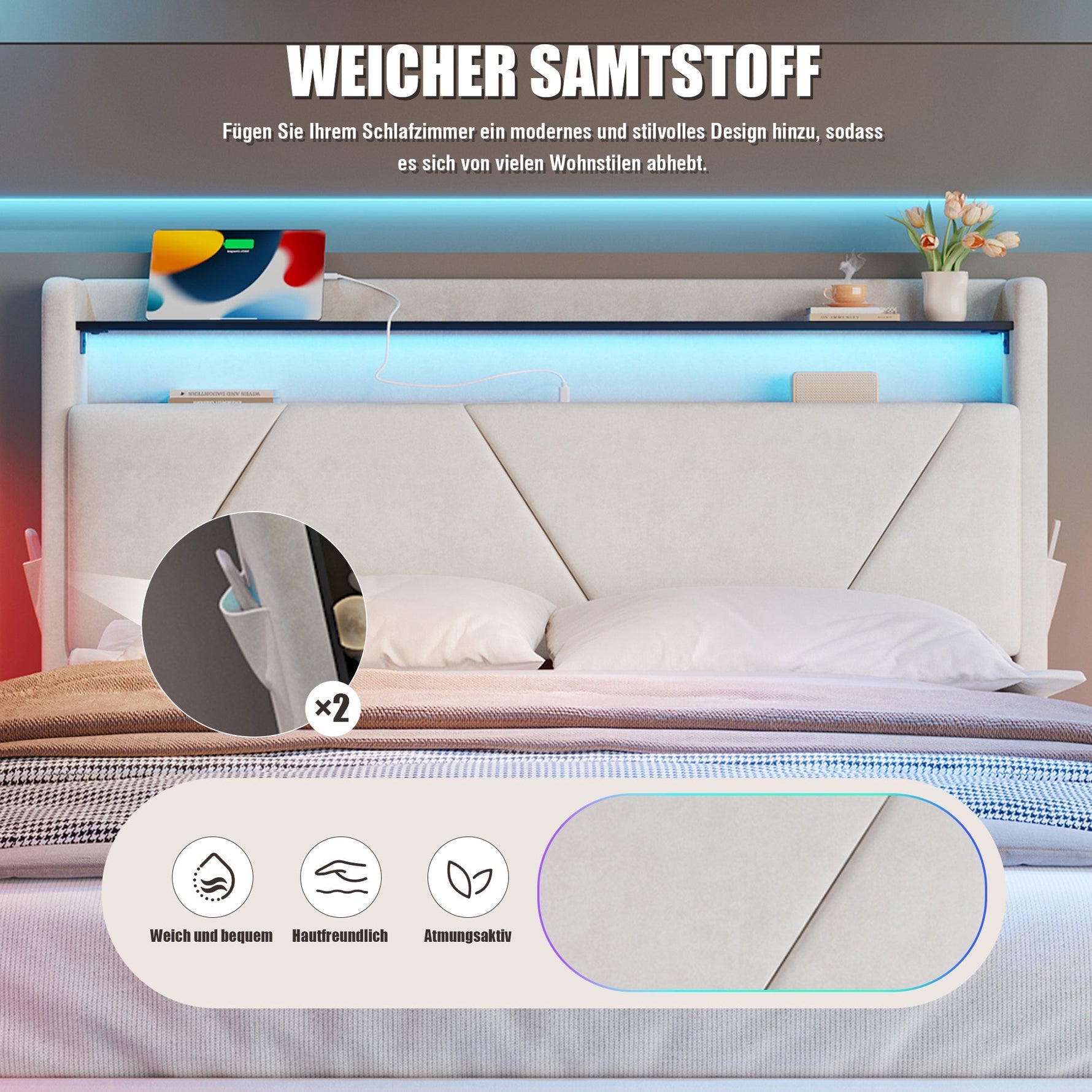 Modern Upholstered Bed 140x200cm, LED Headboard, Storage, USB Ports, Gas Spring Slatted Base