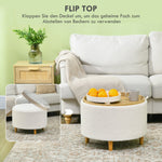 Ottoman Round Upholstered Storage Hinged Lid Wooden Legs, White