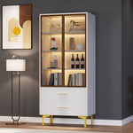 Glass Display Cabinet, 2-Door LED Lighted Tall Storage with Movable Shelves, Golden Legs