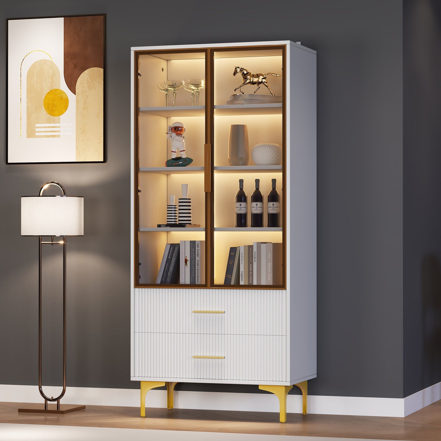 Glass Display Cabinet, 2-Door LED Lighted Tall Storage with Movable Shelves, Golden Legs