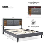 Upholstered Double Bed, Storage Headboard USB LED 160x200cm, Grey