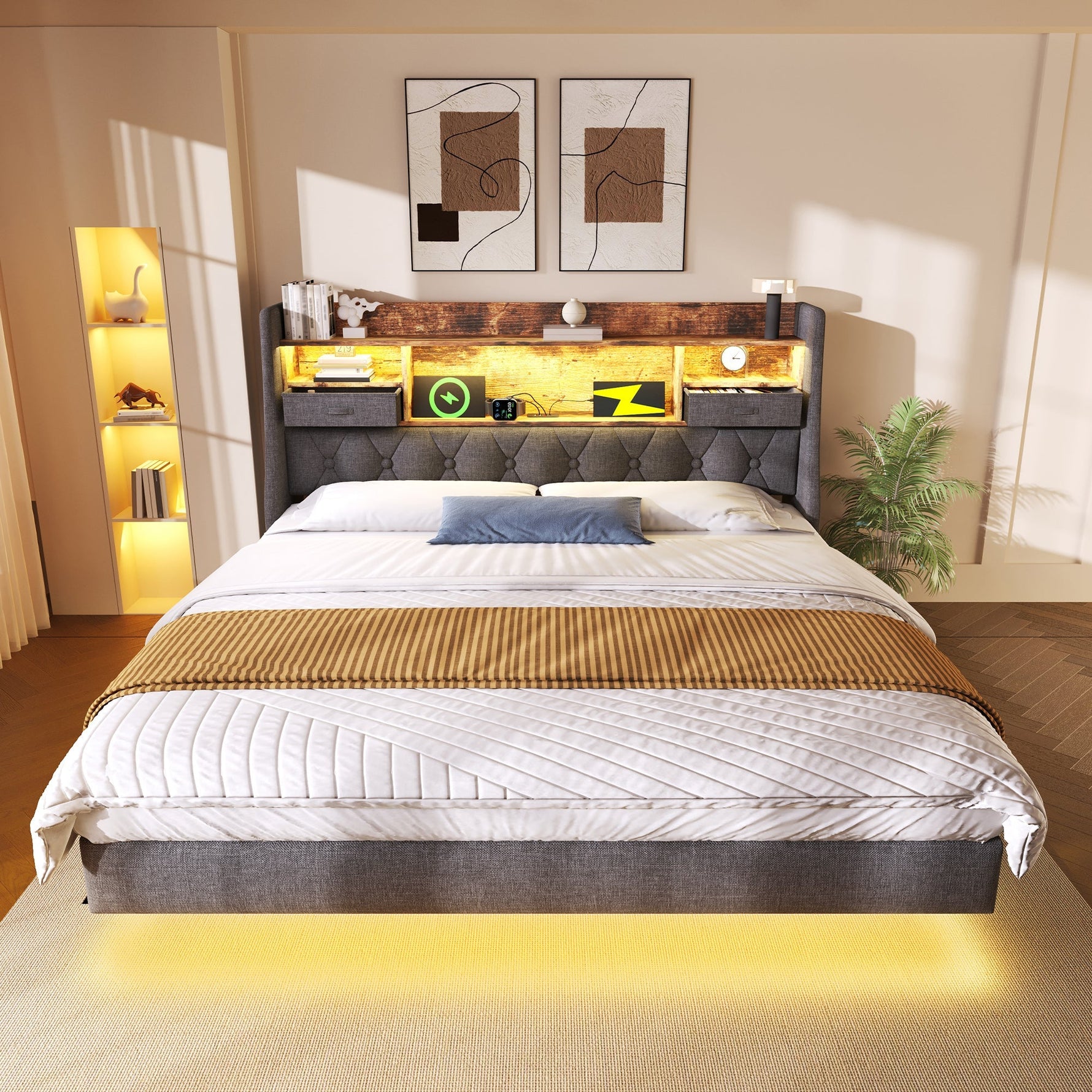 Upholstered Bed 160x200 Floating with LED, Charging Station, Storage Headboard Linen, Grey