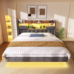 Upholstered Bed 140x200cm Floating LED Charging Station Storage Headboard Linen, Grey