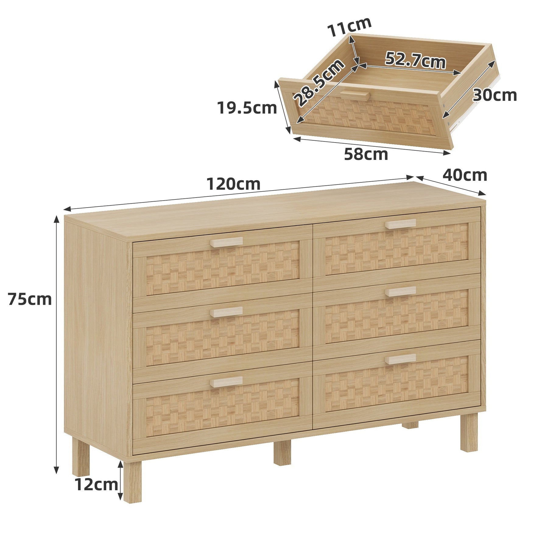 Sideboard & Chest of Drawers, 6-Drawer Rattan Look, Natural Wood