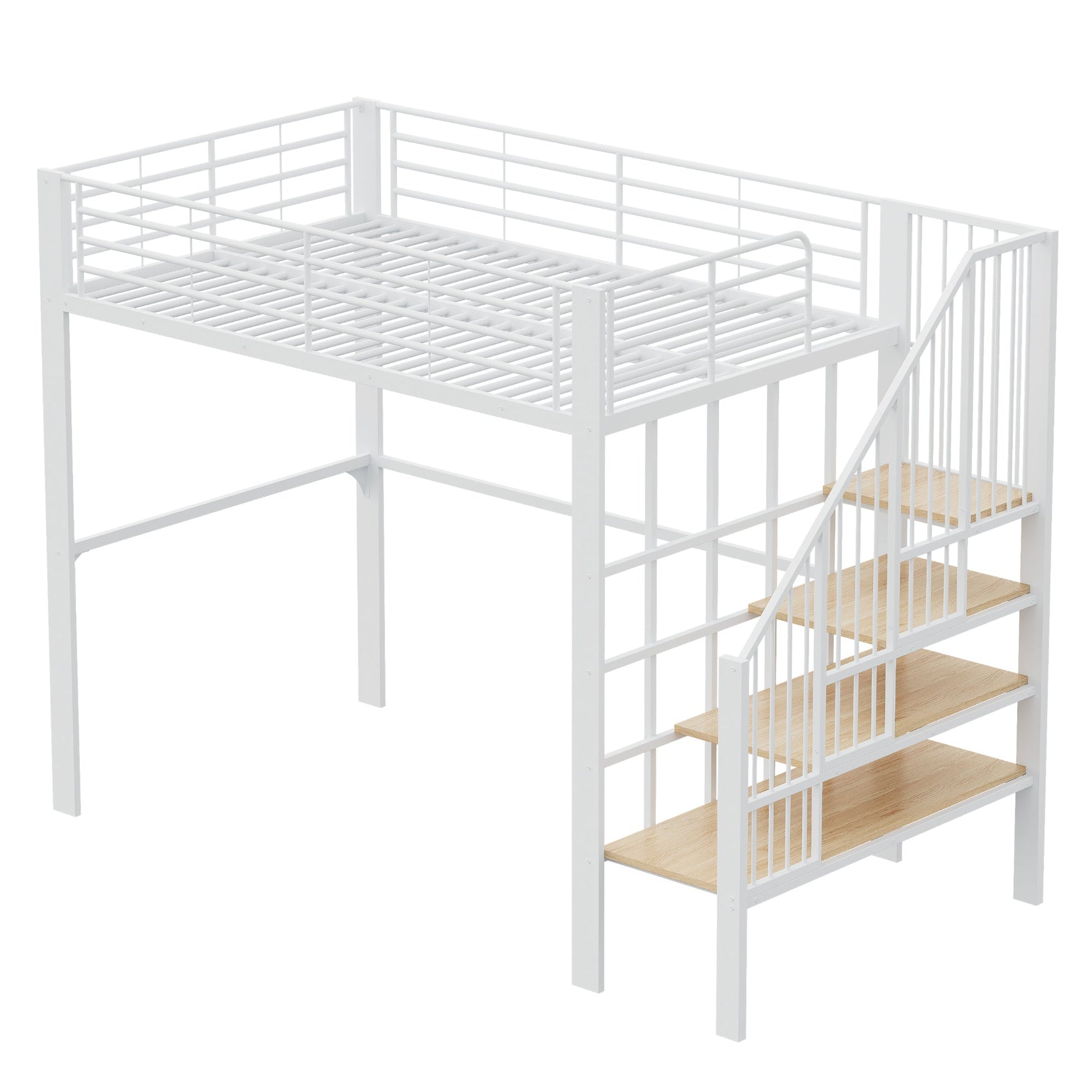 Loft Bed 140x200 Metal Construction, Storage Space, Stairs