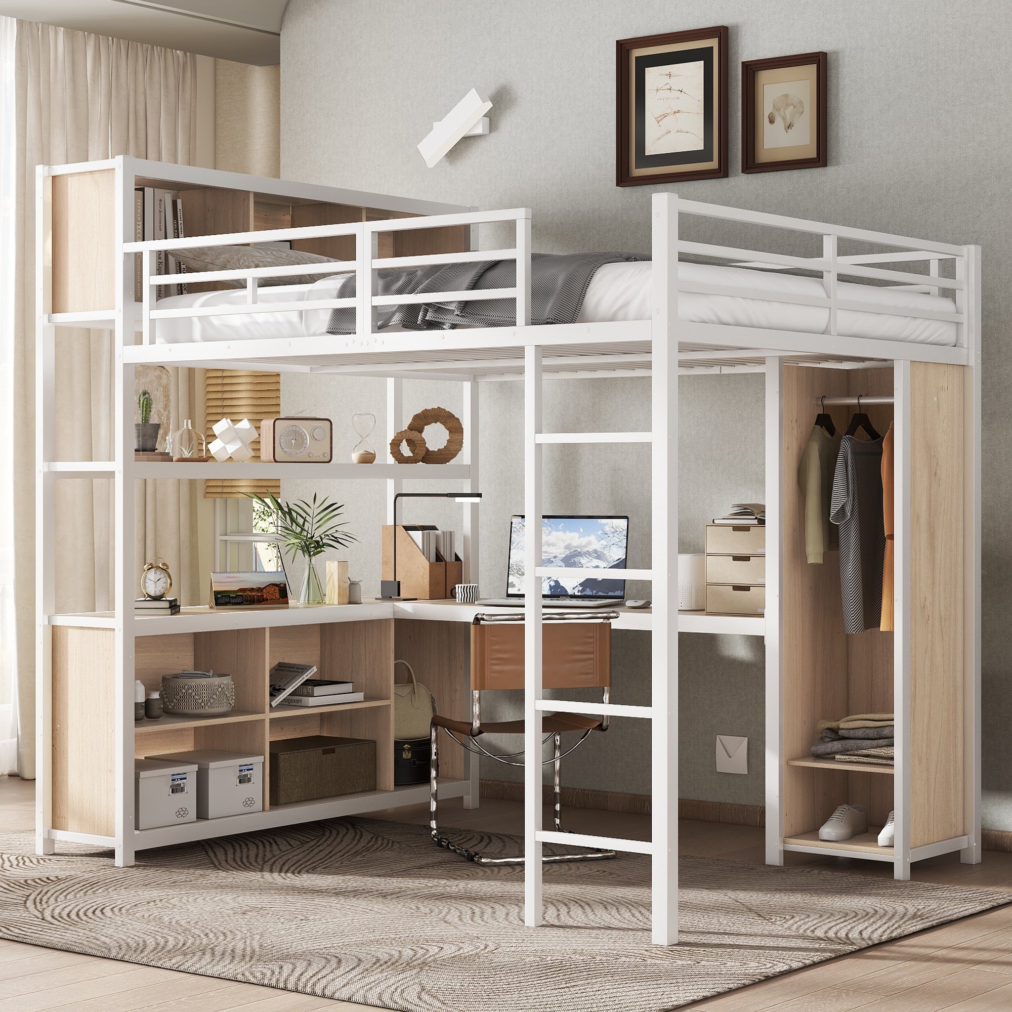 Iron Loft Bed, Double Storage, Wardrobe, White & Natural Iron