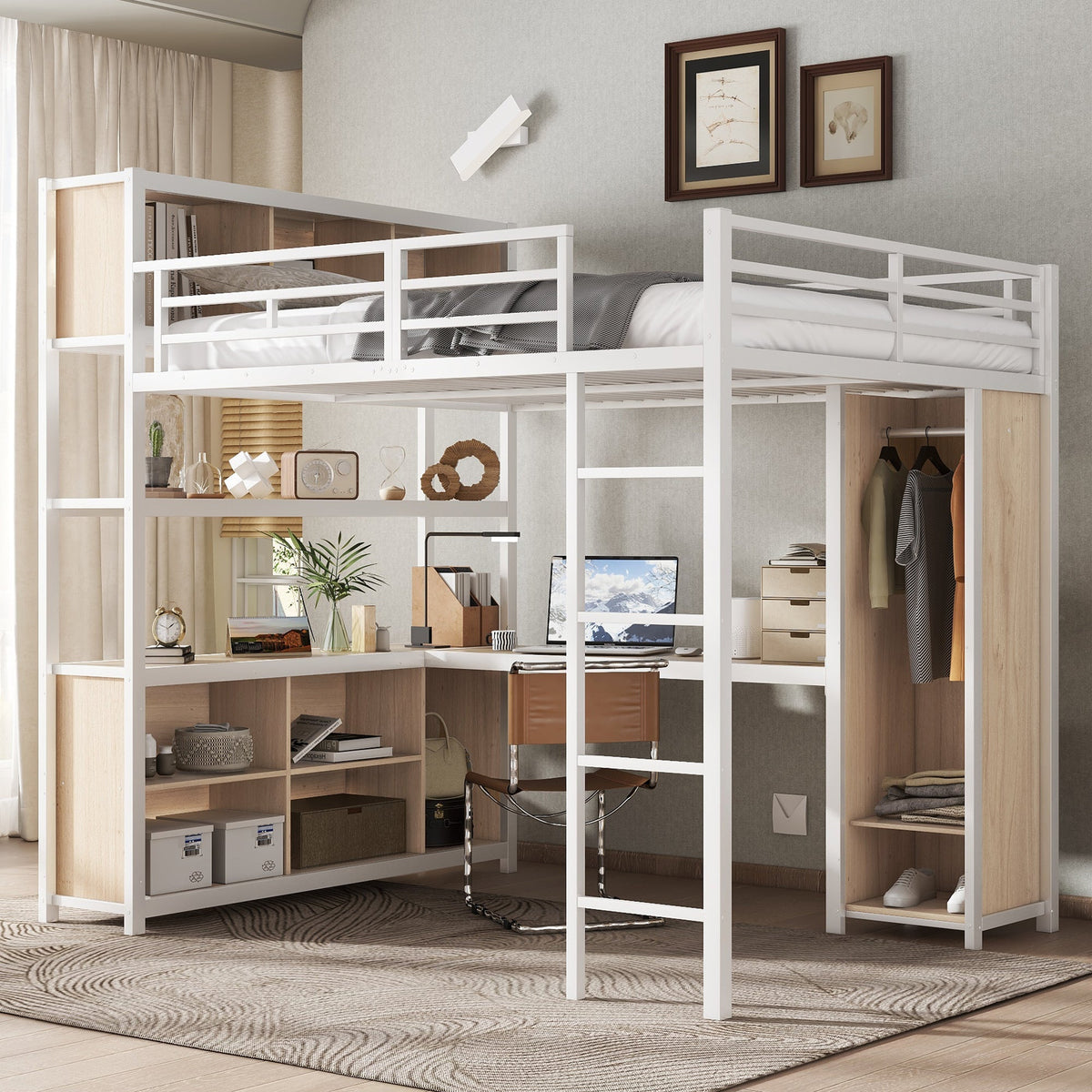 Iron Loft Bed, Double Storage, Wardrobe, White & Natural Iron