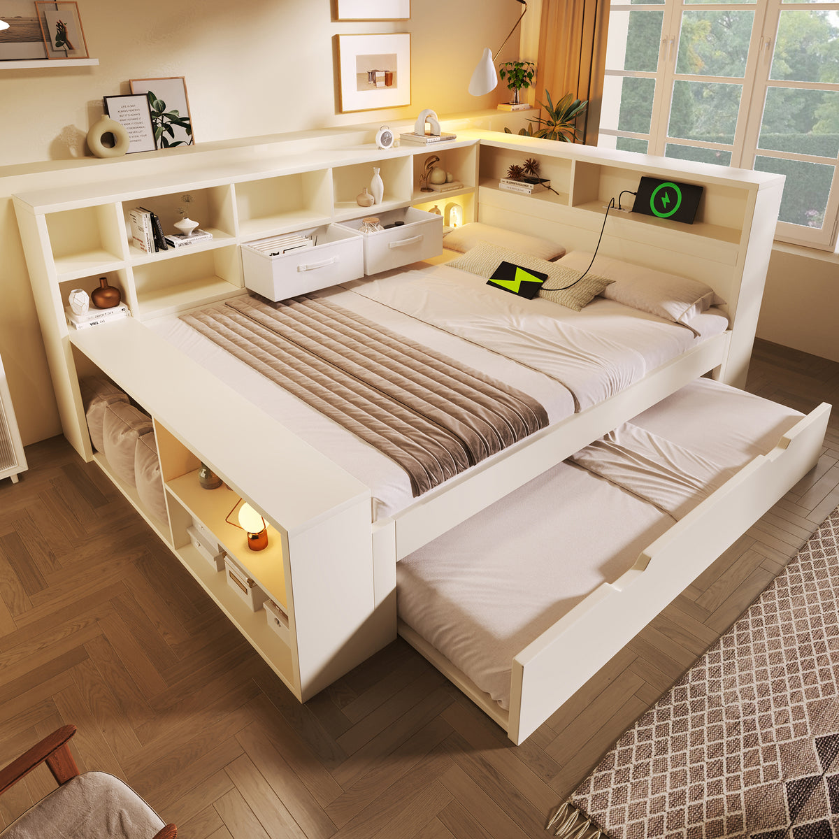 Storage Bed 140x200 with Pull-Out Bed & USB Ports, White Wood