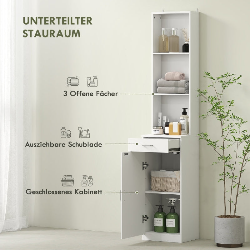 Tall Bathroom Cabinet, Drawer Door Adjustable Shelves, White