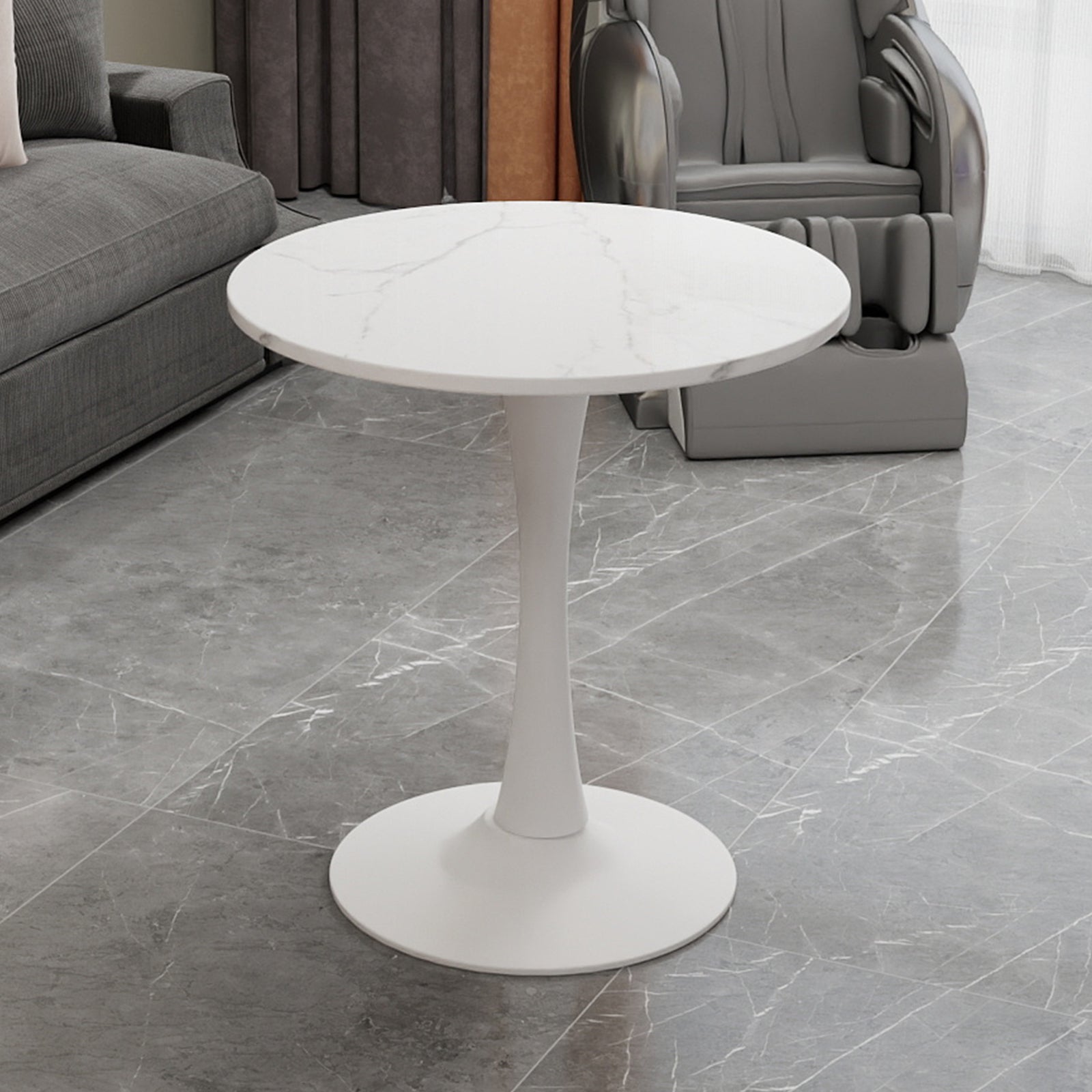 Coffee Table 27.6-inch Round Marble Mid-Century Modern 2-4 Person White Finish