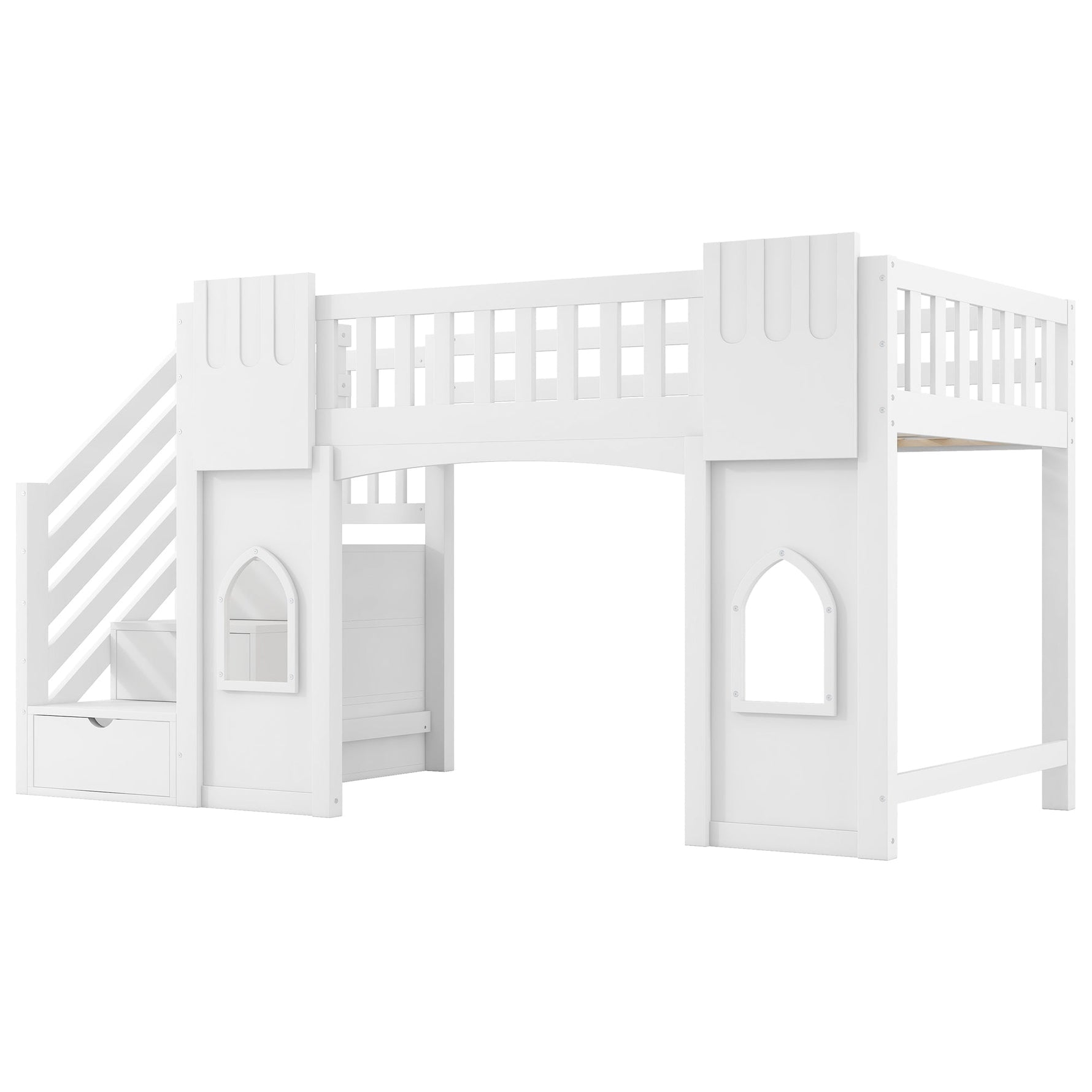 Loft Bed with Storage Stairs and Window, 90x200cm, White Pine Wood + MDF