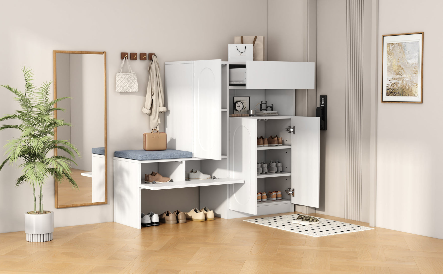Trendy 2-in-1 Shoe Cabinet with Curved Doors, Soft-Close, Adjustable Compartments, Upholstered Bench, White