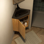 Wall-Mounted Corner Bathroom Vanity Unit with Matte Black Resin Basin, Natural Wood Grain