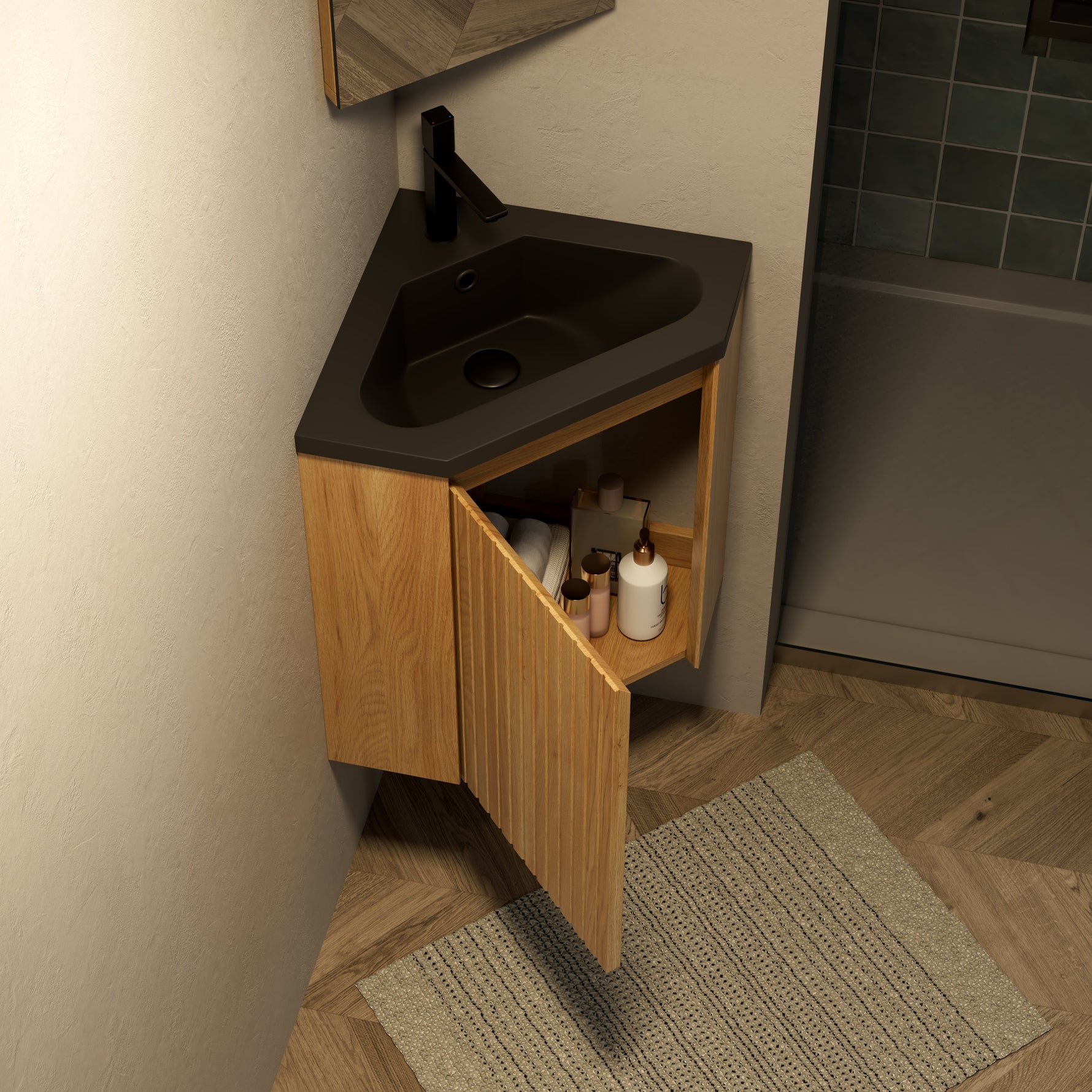 Wall-Mounted Corner Bathroom Vanity Unit with Matte Black Resin Basin, Natural Wood Grain