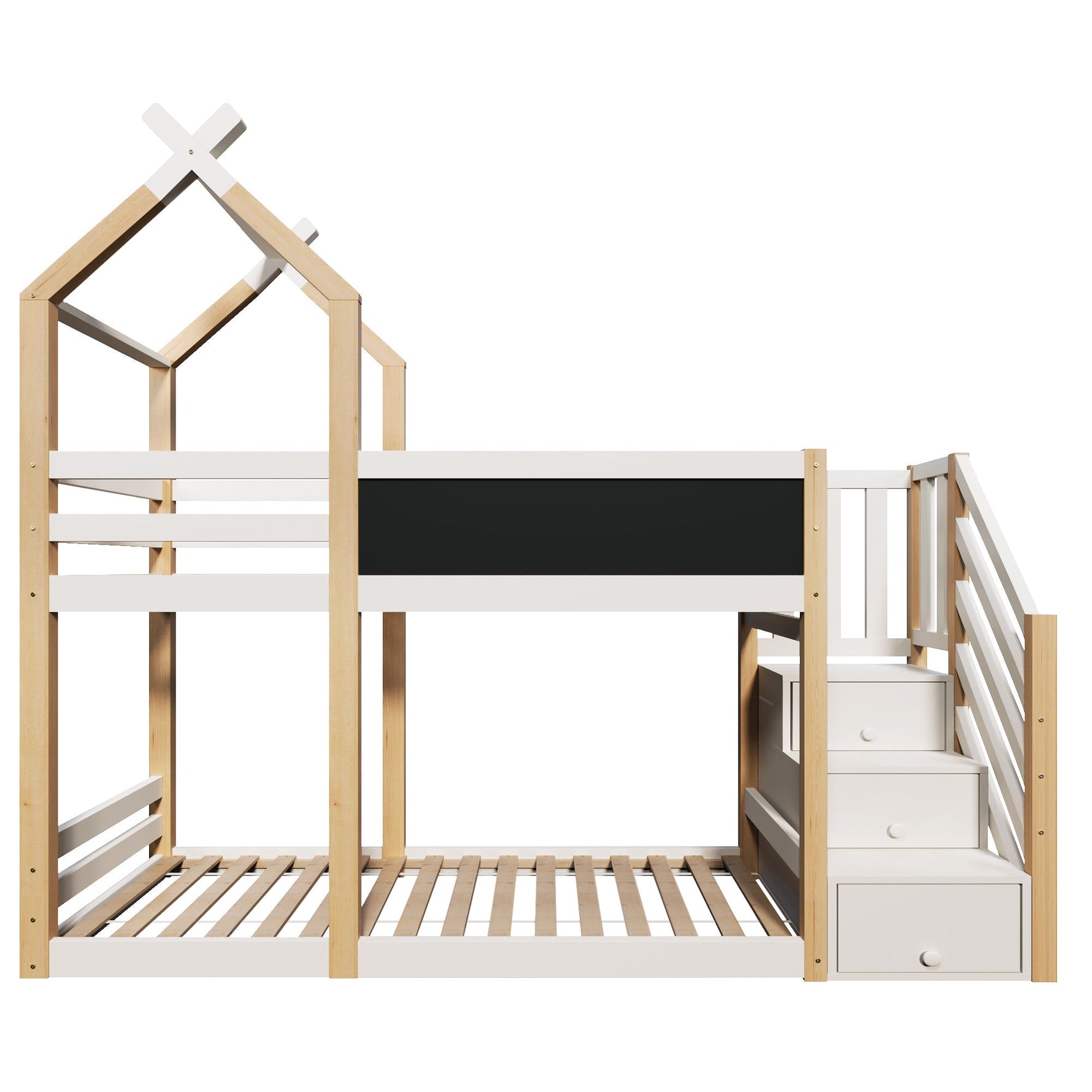 Bunk Bed 90x200, Treehouse Design with Blackboard, Storage, Fall Protection, Loft Bed for Kids, 2x Slatted Frames - Natural & White