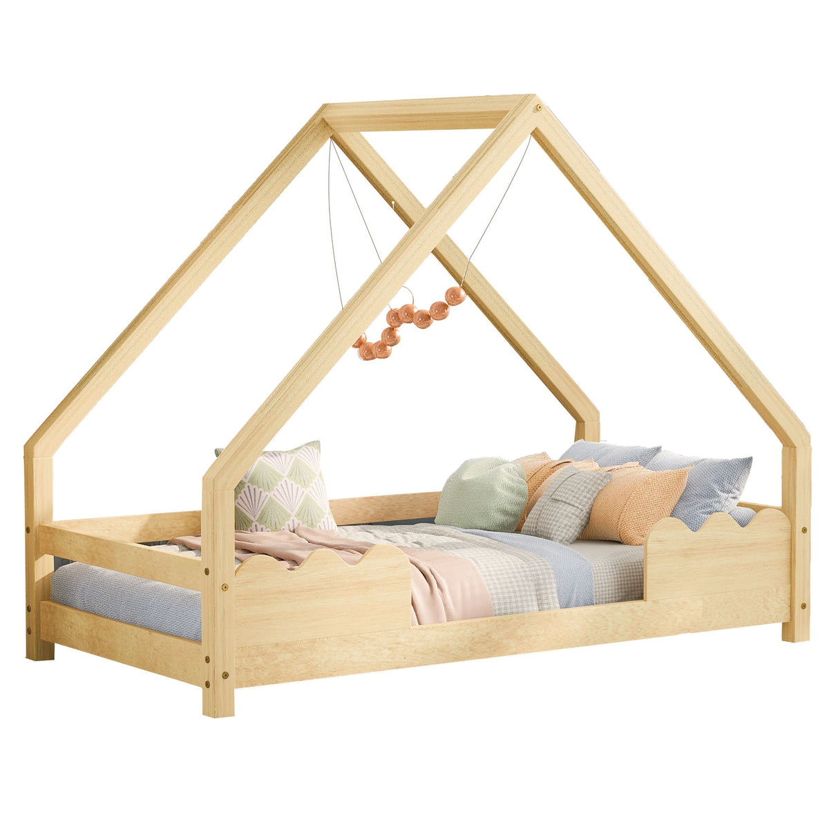 House Bed 90x200cm Fall Protection - Solid Wood Natural