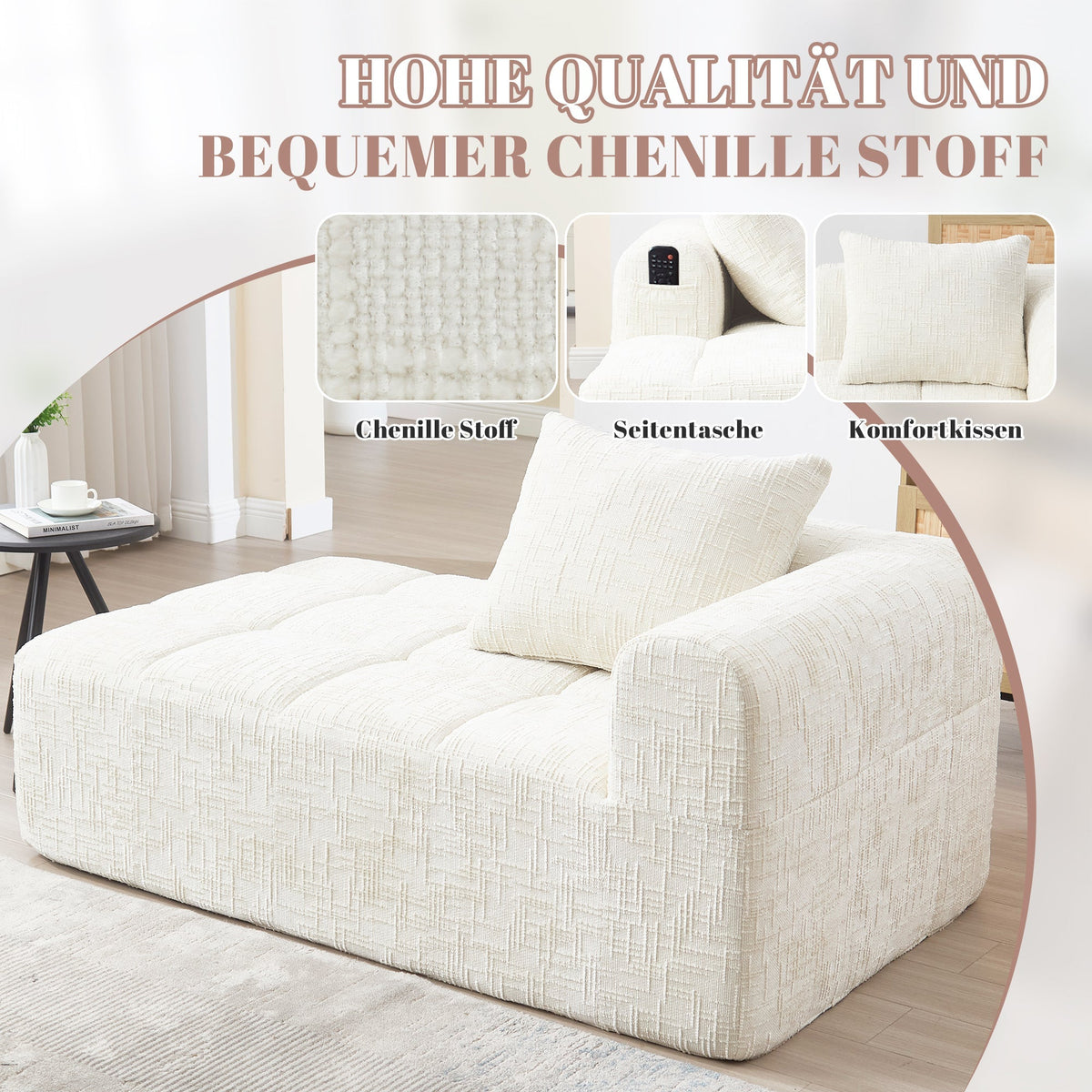 Chaise Longue Sofa, Comfortable No Assembly Side Pockets, Beige