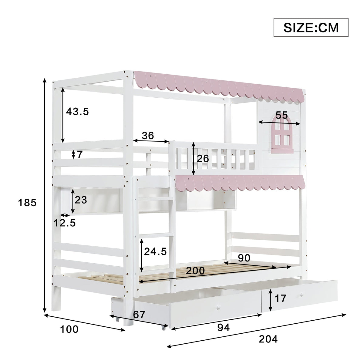 Bunk Bed, Children's with Windows, Curtains, Safety Gate & Storage, Pine + MDF, White + Pink