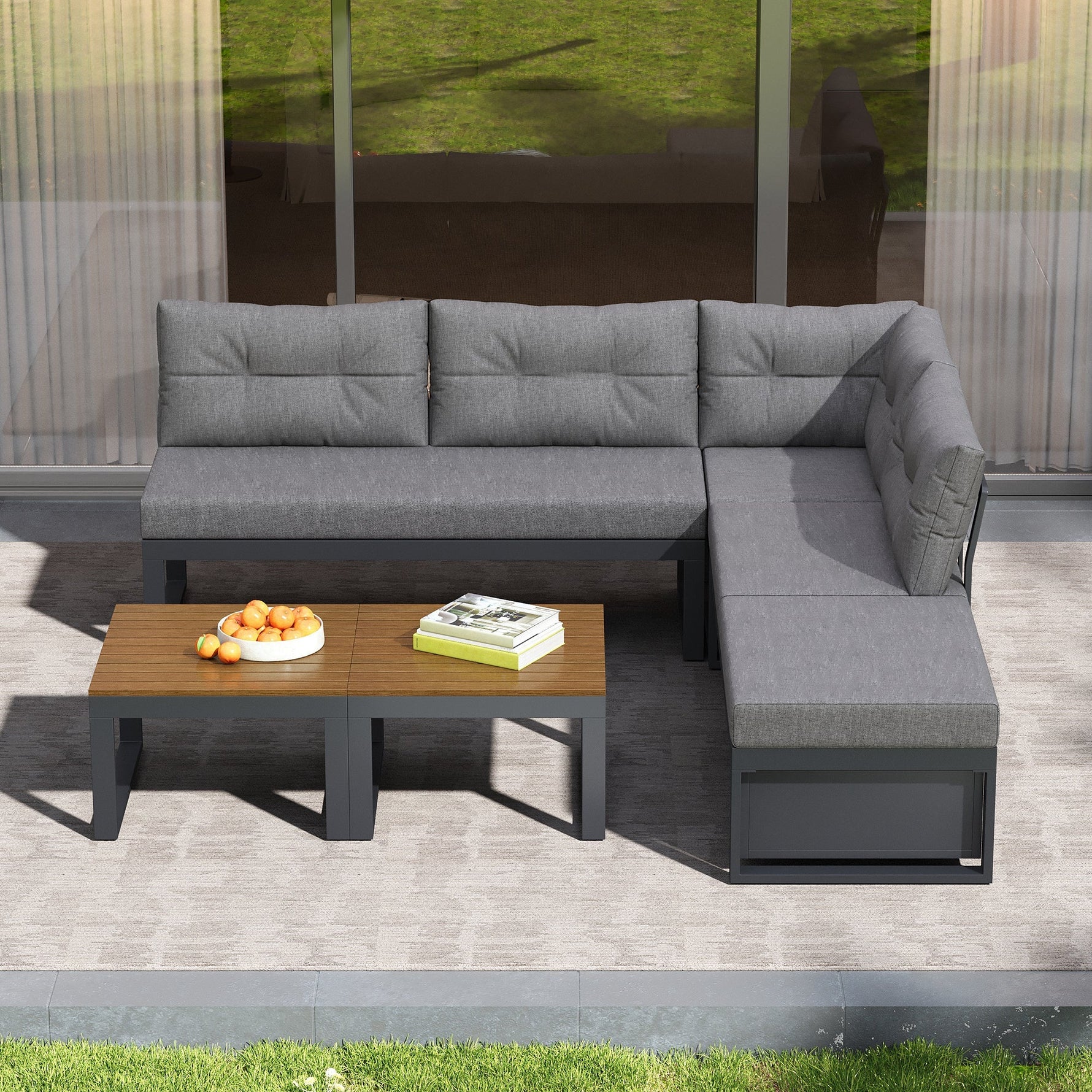 Multi-purpose Garden Furniture Set with Adjustable Backrest, Reclining Function and Storage, Dark Grey