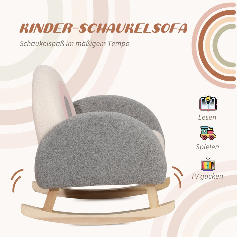 Toddler Rocking Chair, Faux Sheepskin, Eucalyptus Wood, Grey+Pink+Cream