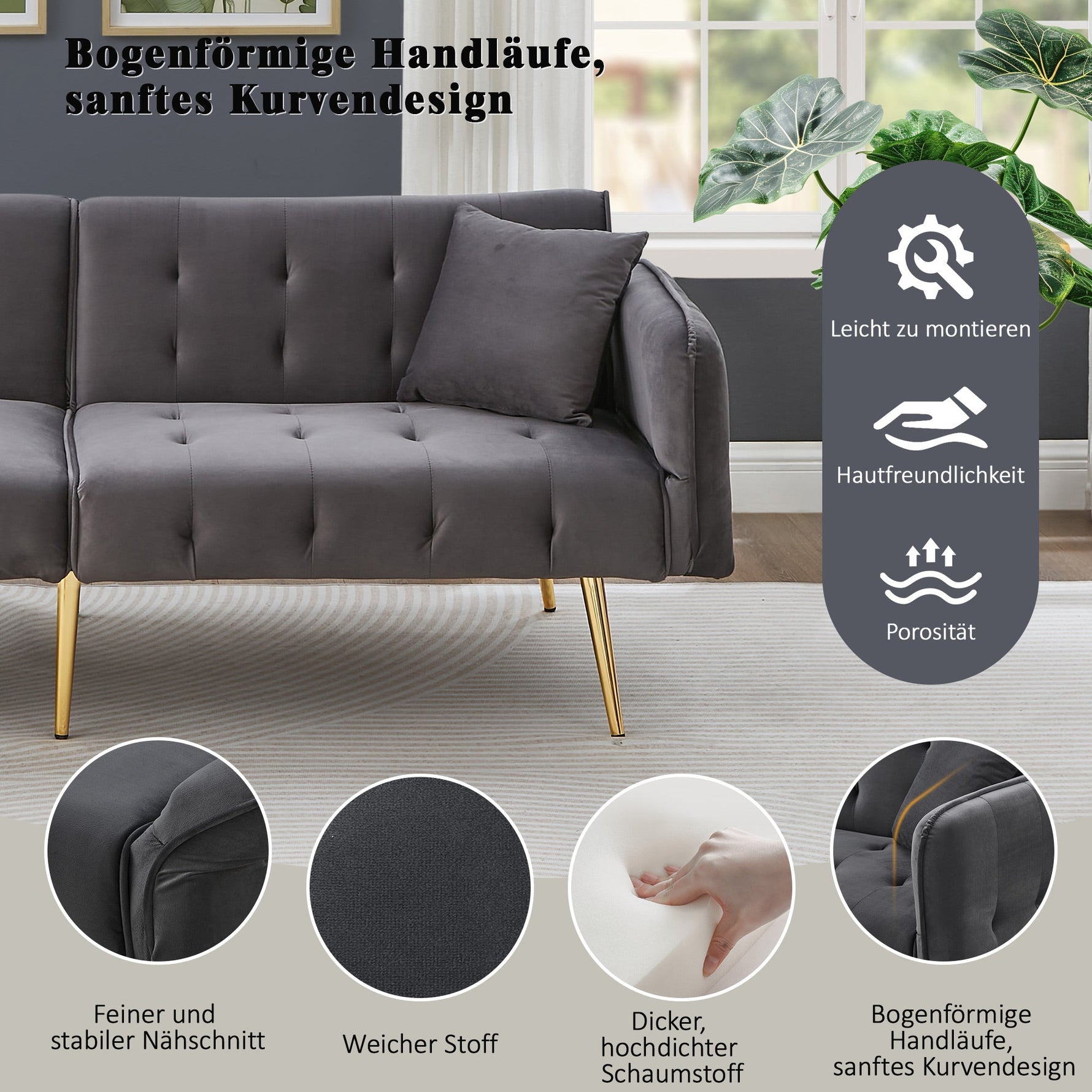 Sofa Bed, Two-Seater Multifunctional with Adjustable Backrest & Armrests, Velour
