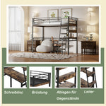 Loft Bed 90x200cm with Desk and Shelves, Black Iron
