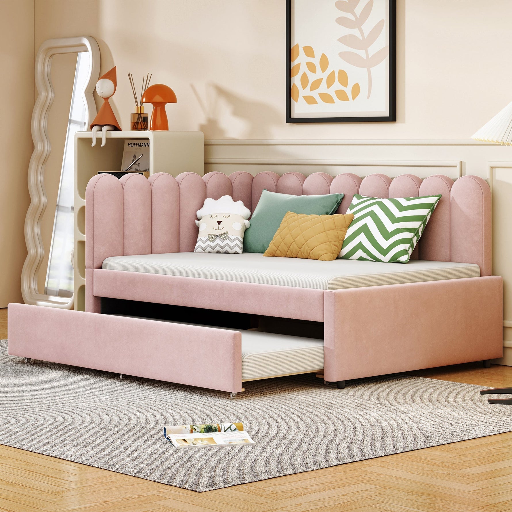 L-shaped Upholstered Bed, Sofa Bed 140x200cm with Pull-Out Bed, Pink Velvet