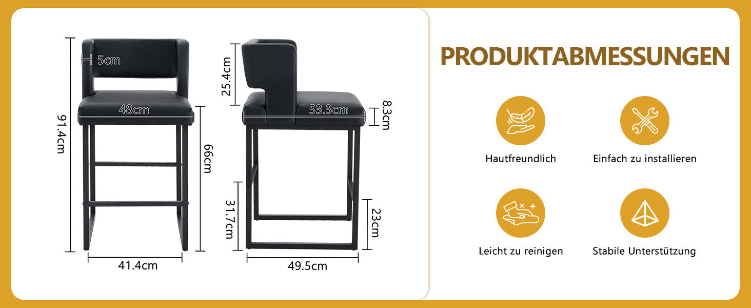 2-Pack Bar Stools Nordic Style Square Design Metal Legs - Black