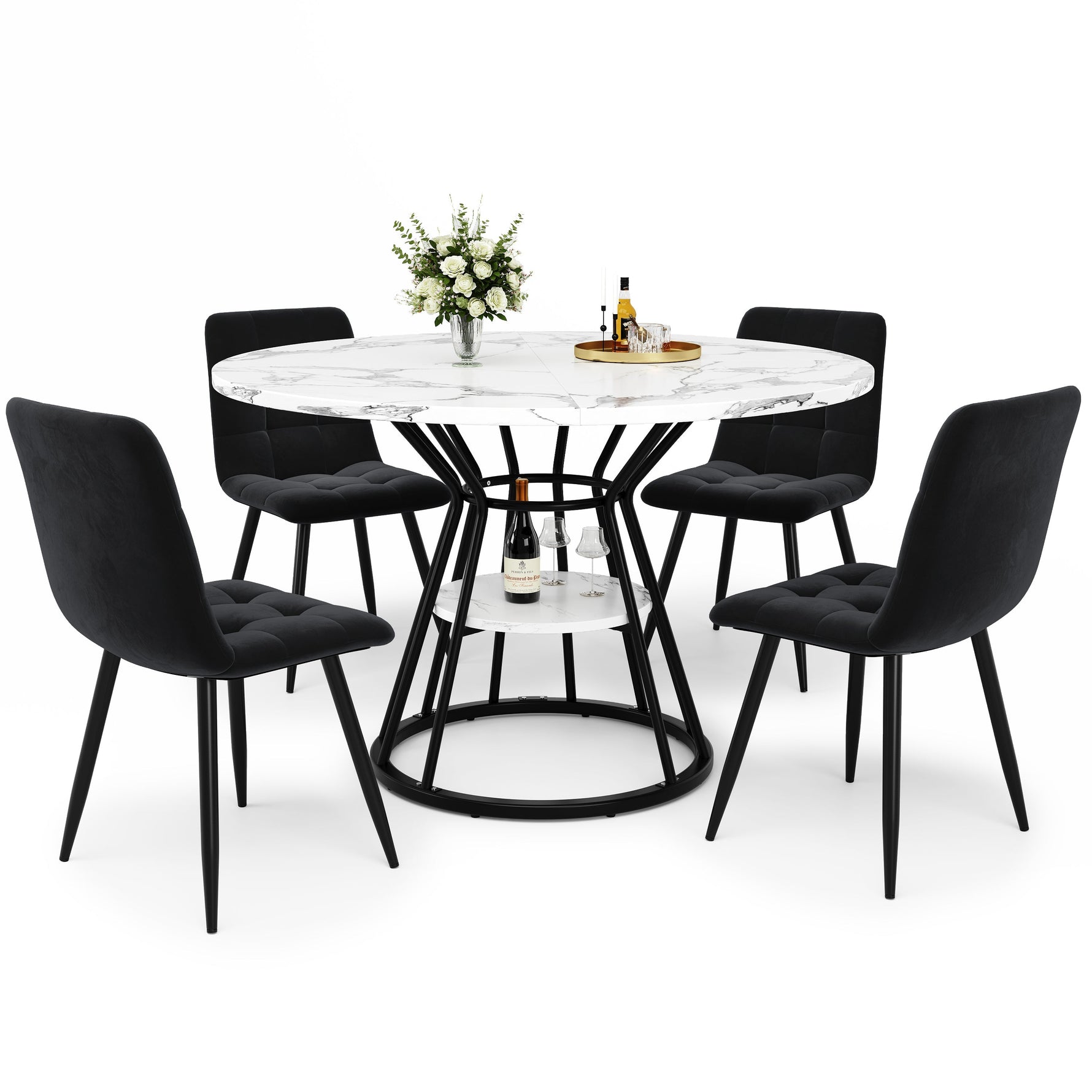5-Piece Round Dining Table Set with 4 Velvet Chairs and Marble Top, Black