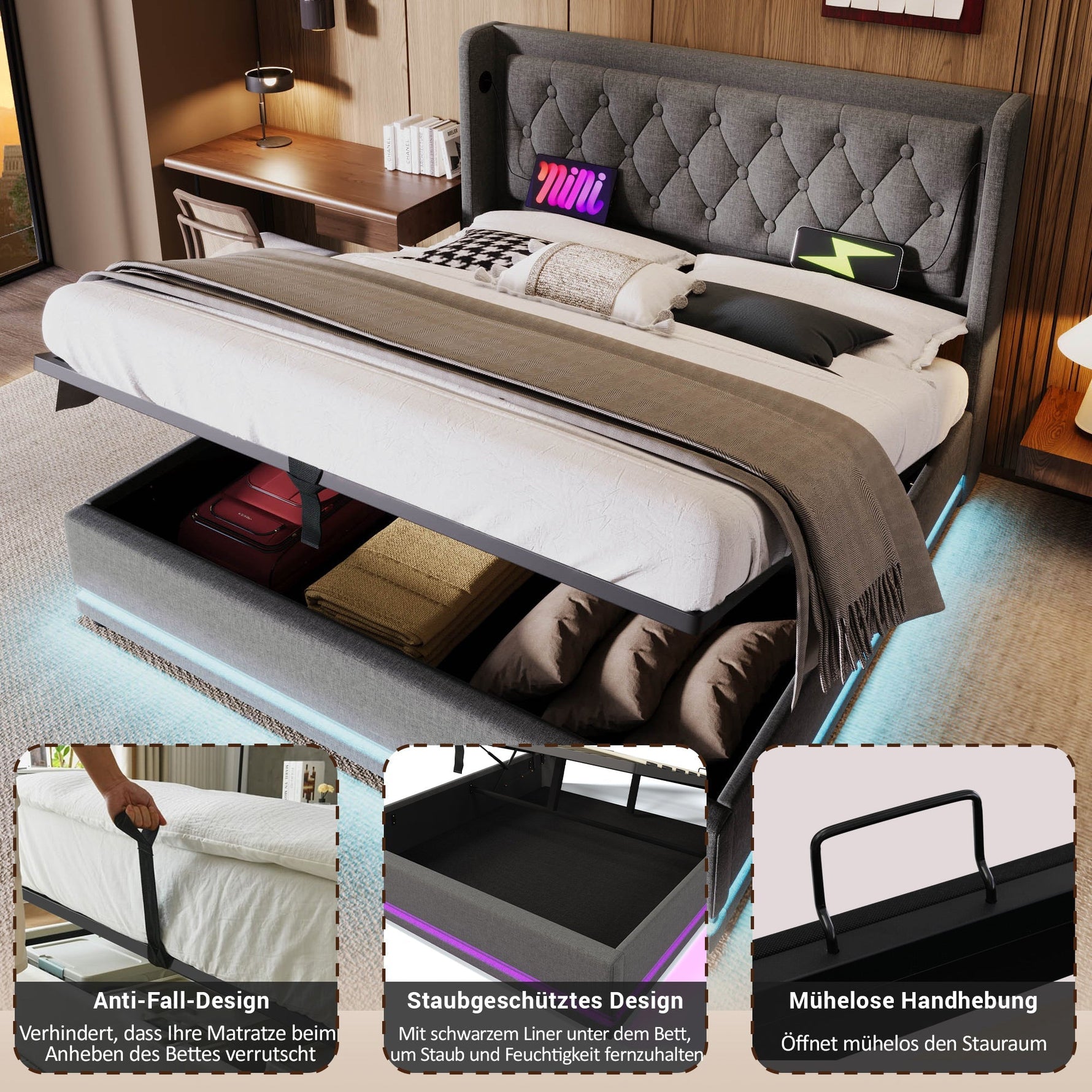 Upholstered Bed, Double 160x200cm Hydraulic Storage with USB & LED, Gray Cotton