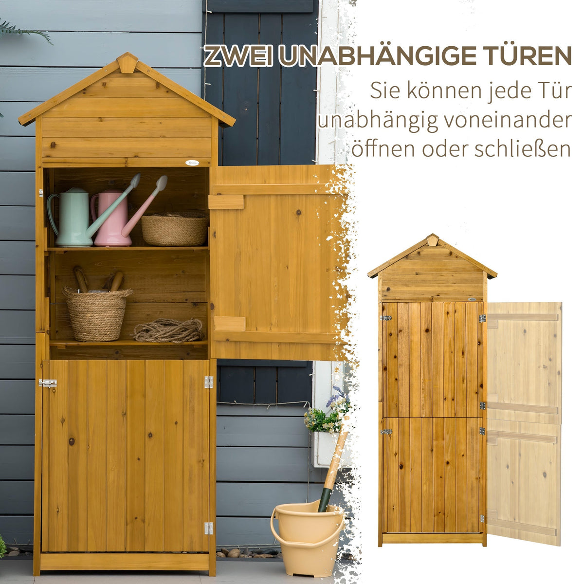 Garden Shed/Cabinet, Weatherproof 2 Doors 2 Shelves 79x49x191.5cm, Natural Wood