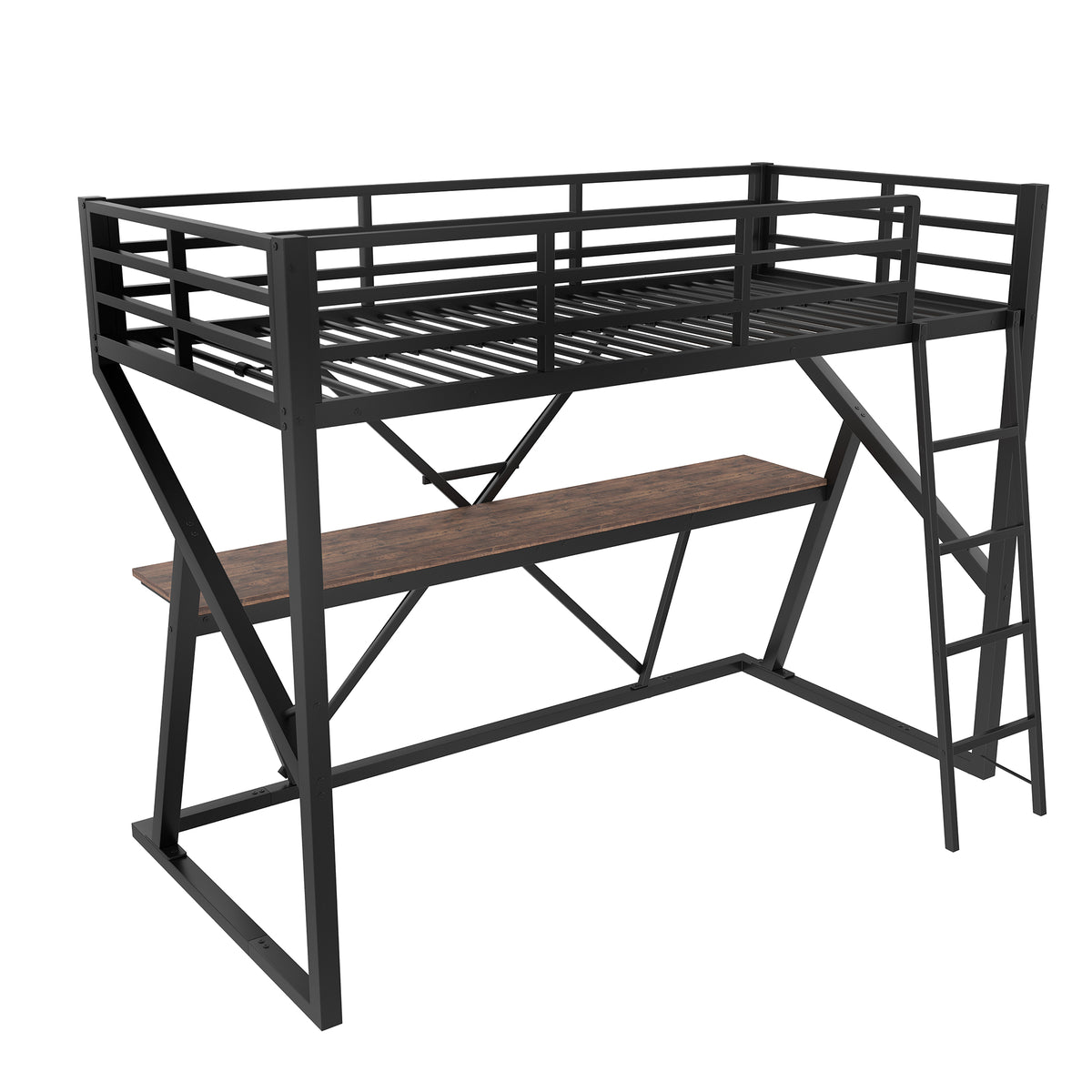 Loft Bed 90x200cm with Desk & LED Strip, Black Iron Frame