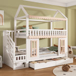 House Bunk Bed 90x200cm with Storage & Drawers, White & Natural