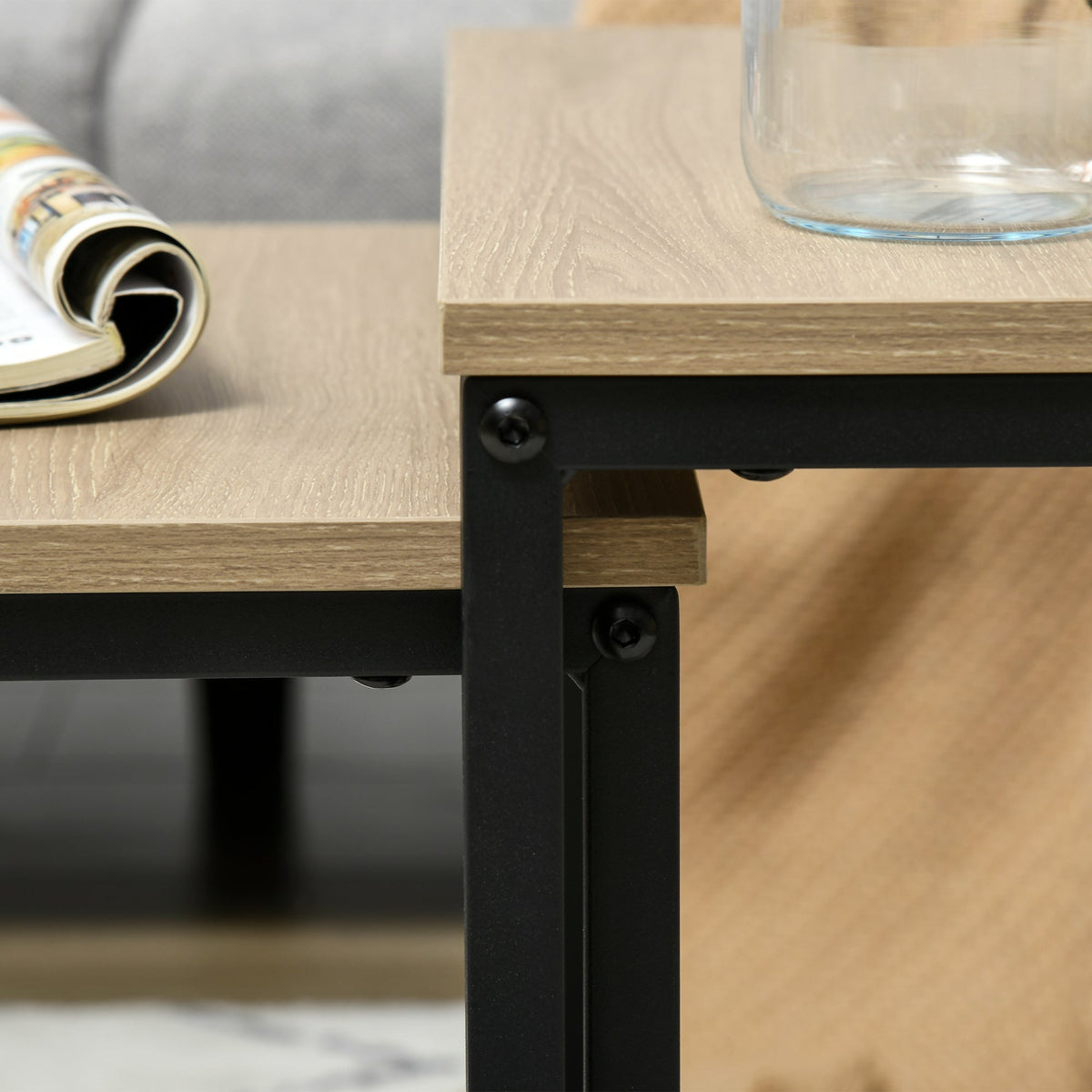 Set of 3 Coffee Tables Nesting Steel Frame Wood Look, Natural