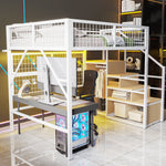 Loft Bed, 140x200 with LED Light Strips & Storage Stairs, Metal White