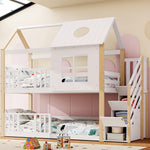 Bunk Bed, Storage Ladder House Bed with Safety Gate, Window & Roof, Pine+MDF White+Natural, 90x200cm