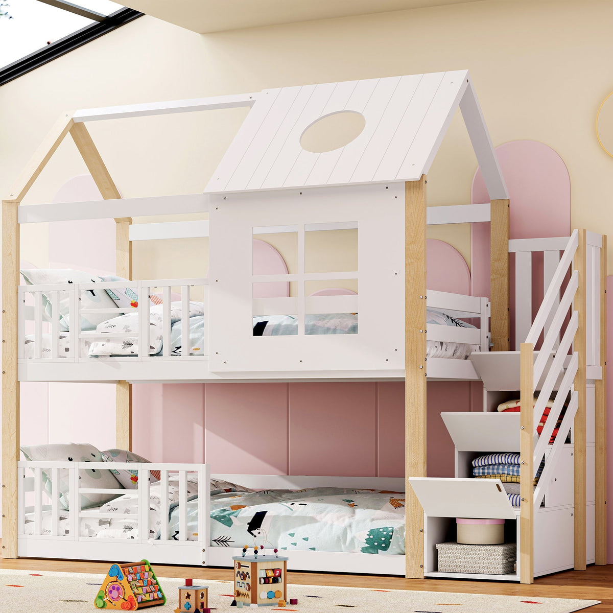 Bunk Bed, Storage Ladder House Bed with Safety Gate, Window & Roof, Pine+MDF White+Natural, 90x200cm