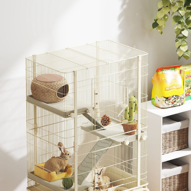 Small Animal Cage, 4 Levels with Food Bowl and Water Bottle, Beige