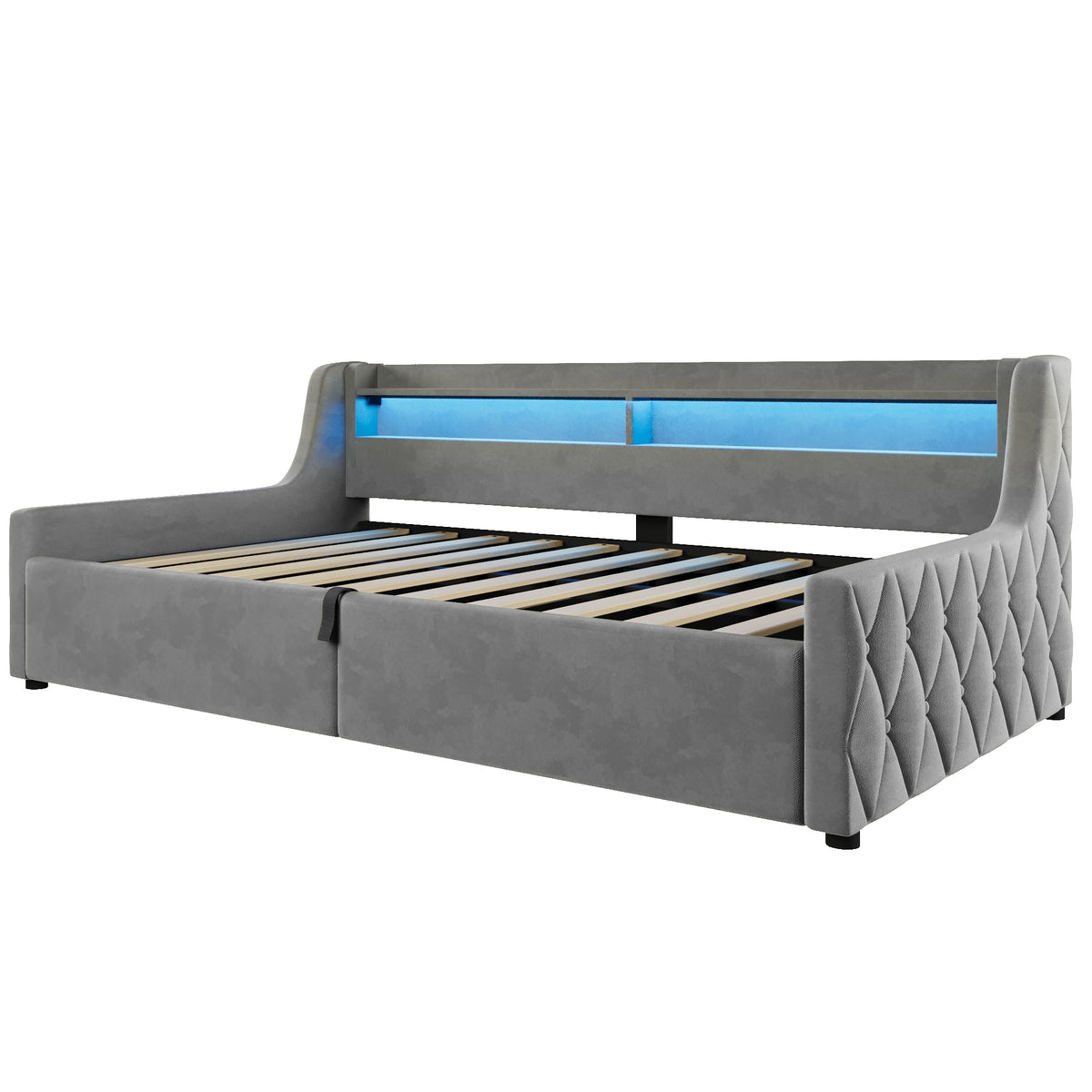 Platform Bed 90x200, Hydraulic Storage & LED, Grey Velvet