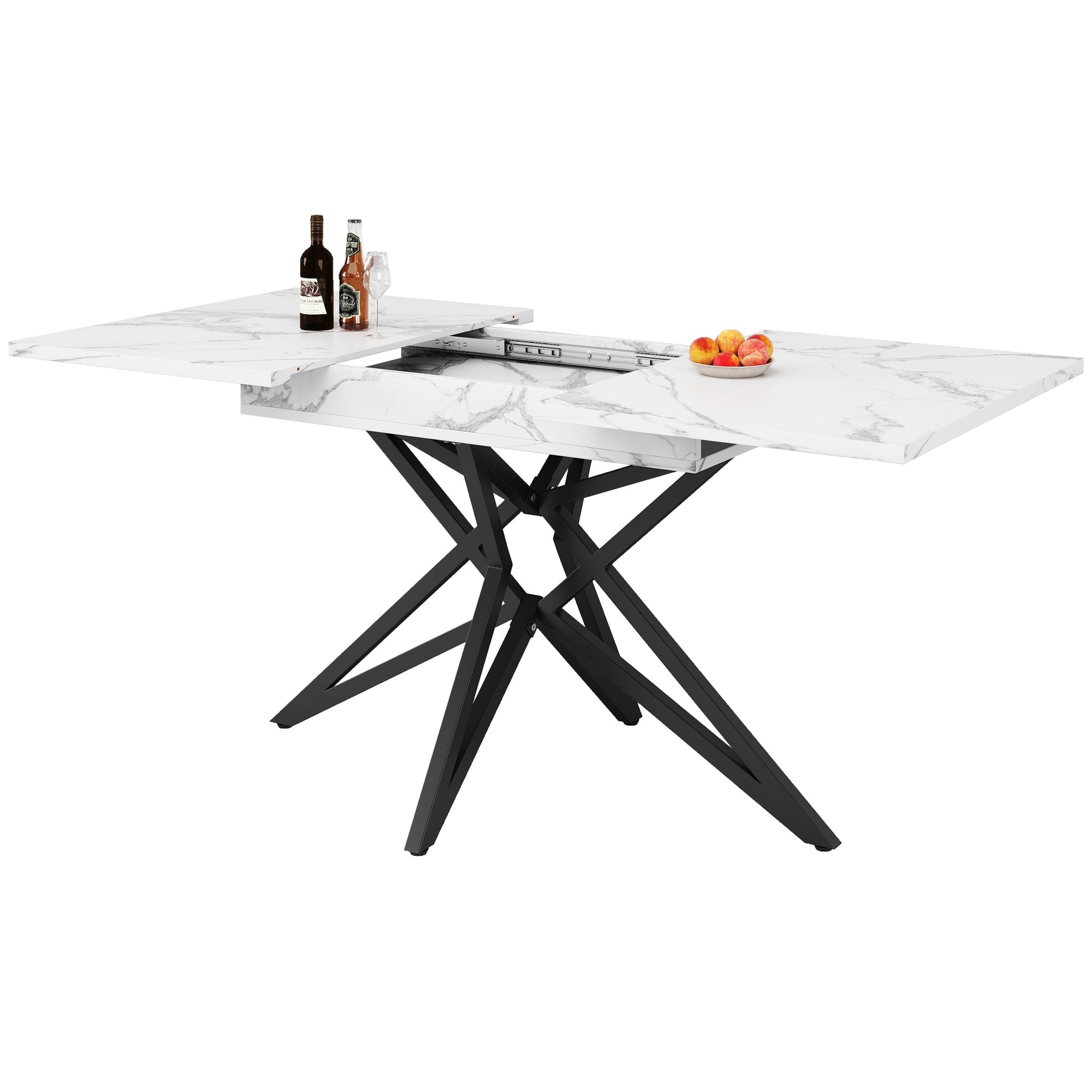 Extendable Dining Table 120(160)x80cm Star-Shaped Legs - Walnut/Marble Look Black