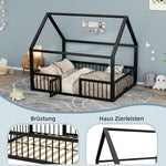 Metal Bed Frame 140x200 cm with House Trim & Railing, Black