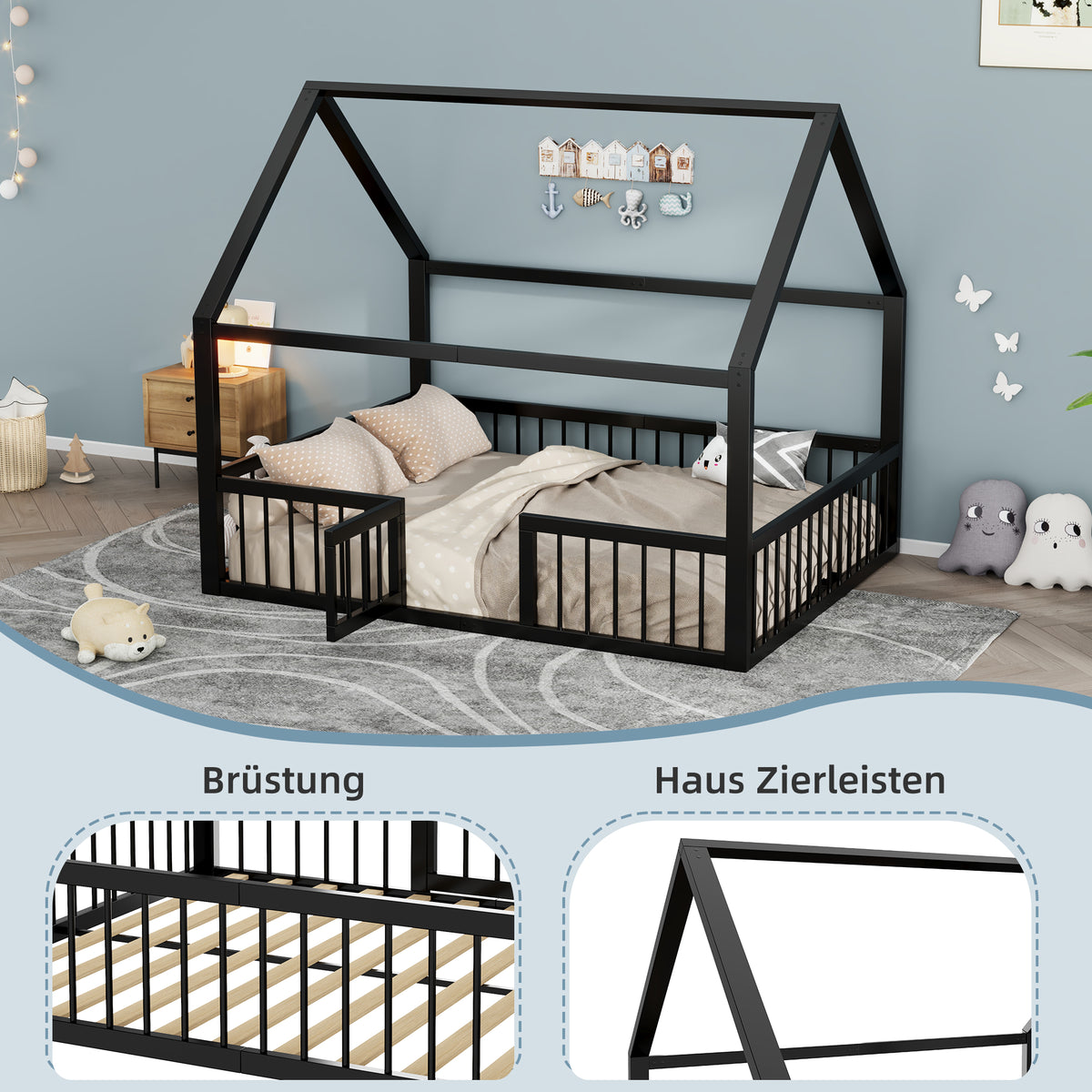 Metal Bed Frame 140x200 cm with House Trim & Railing, Black