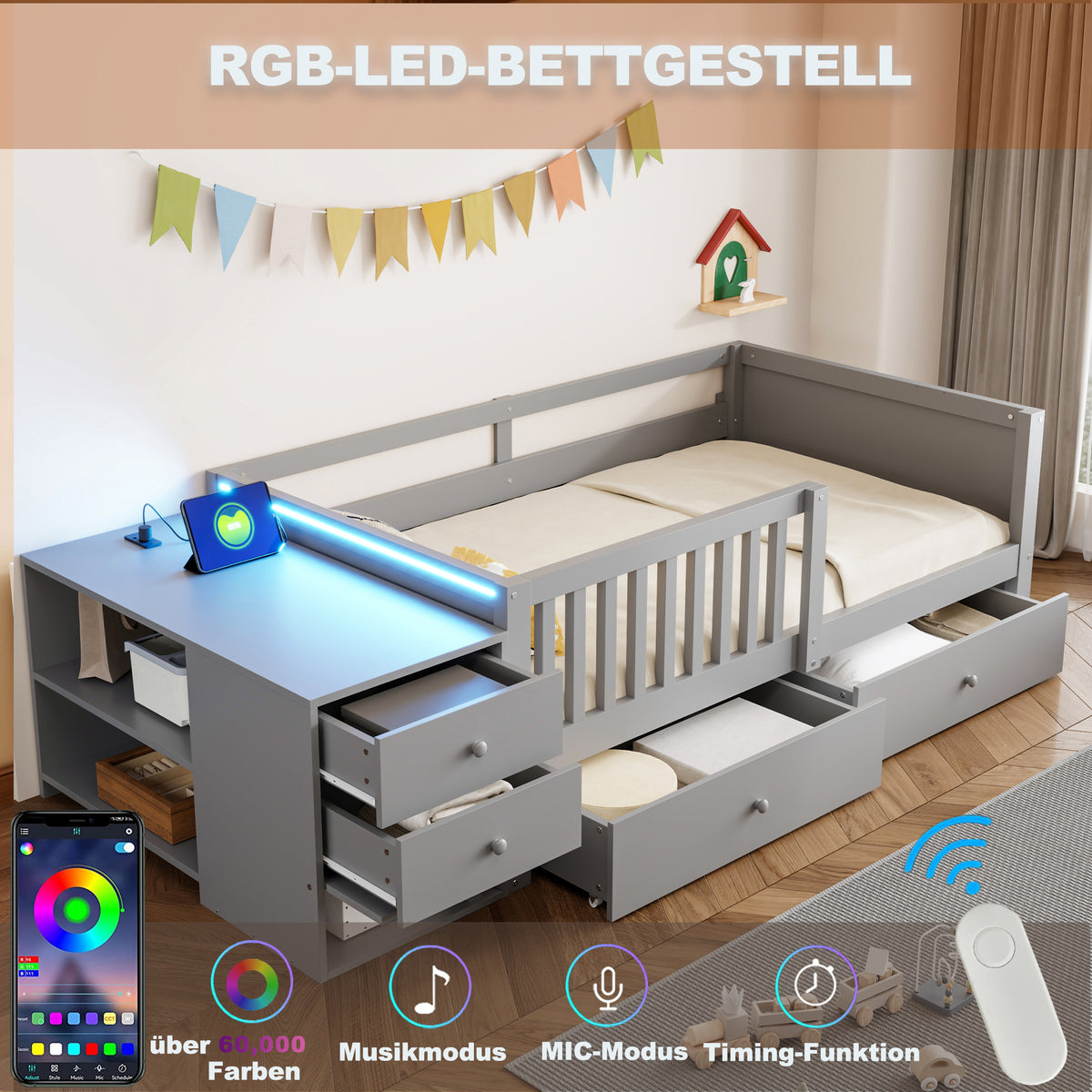 Children's Bed 90x200cm with Desk, LED & Storage Drawers, Grey
