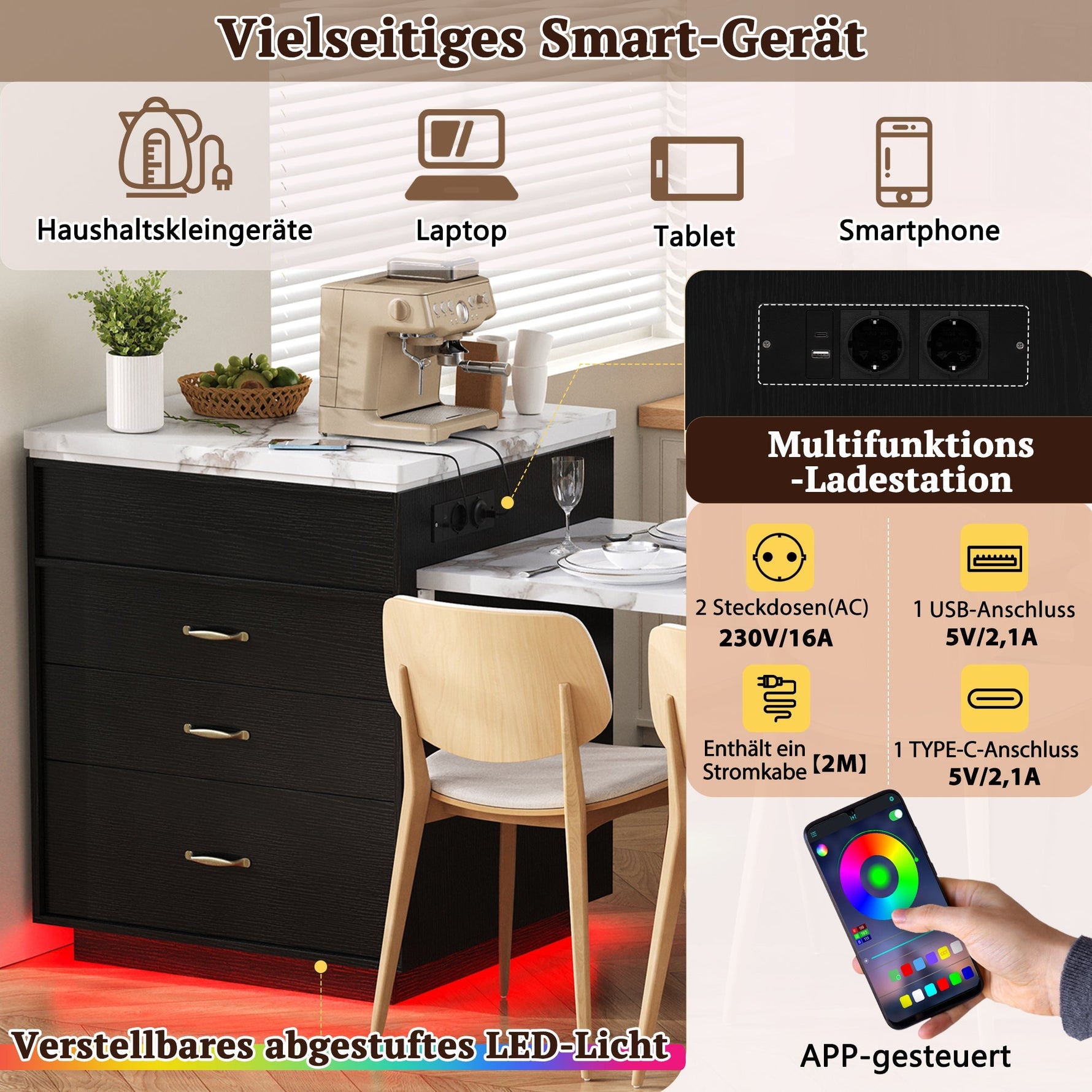 Kitchen Island on Wheels Extendable Table with LED & Power Strips Black