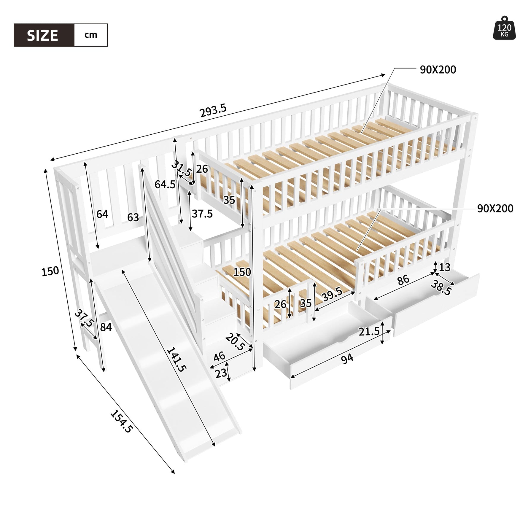 Children's Bunk Bed Multifunctional Slide Stairs 2 Drawers Solid Wood, White 90x200