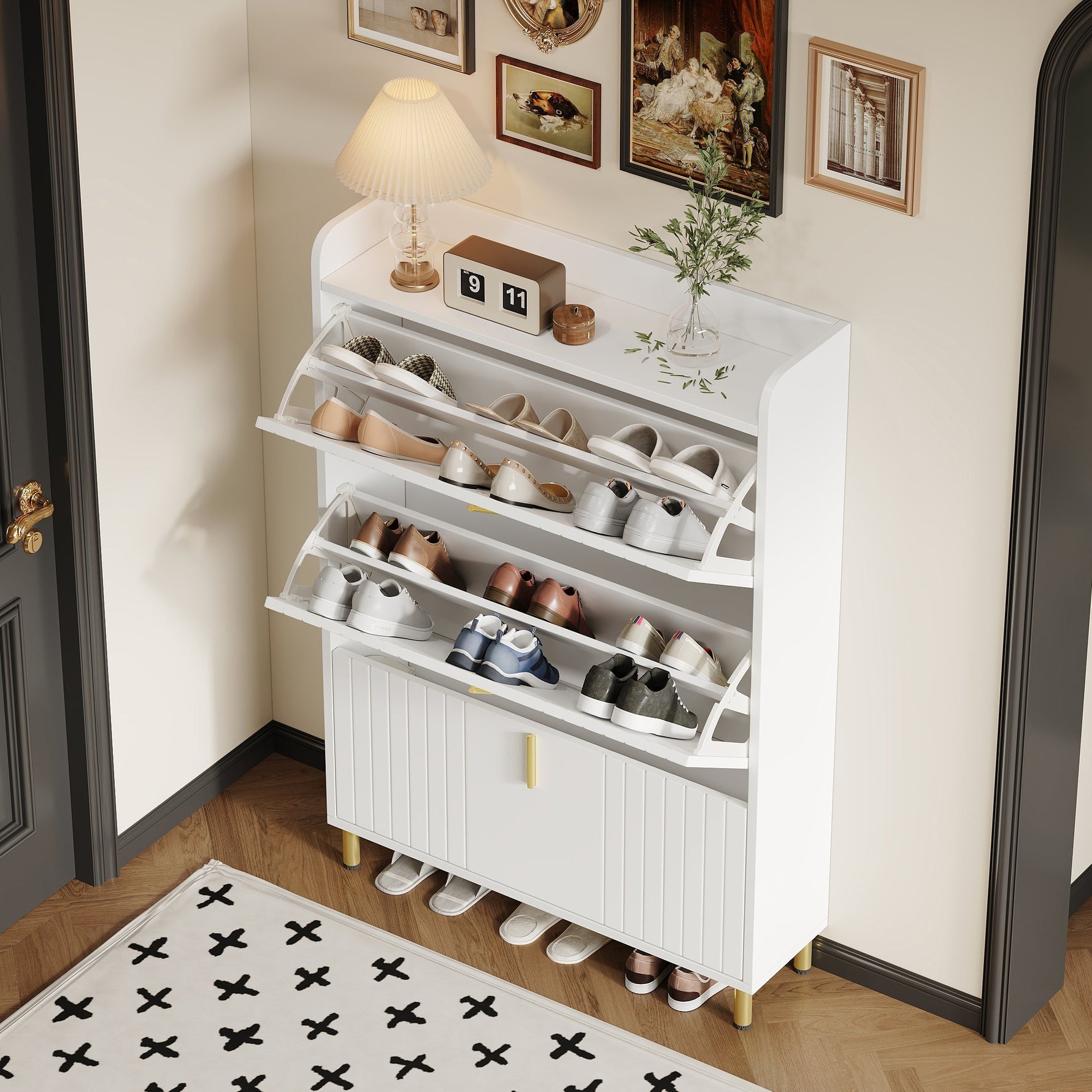 Shoe Cabinet with 3 Doors, Narrow 6 Compartment Adjustable - White