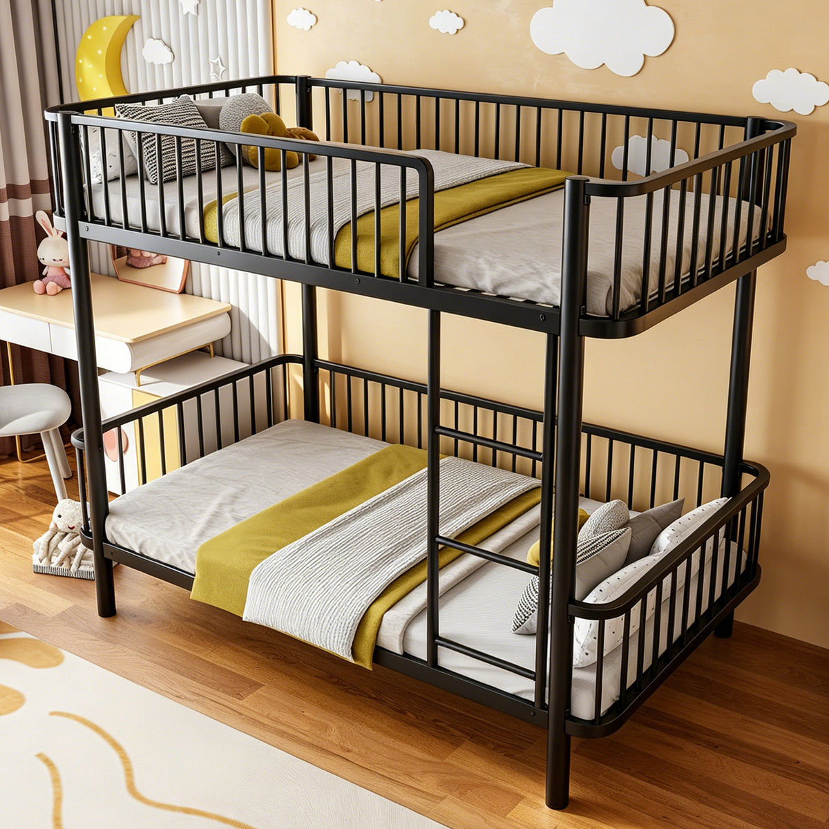 Metal Bunk Bed 90x200 Space-Saving Safety Railing, Black